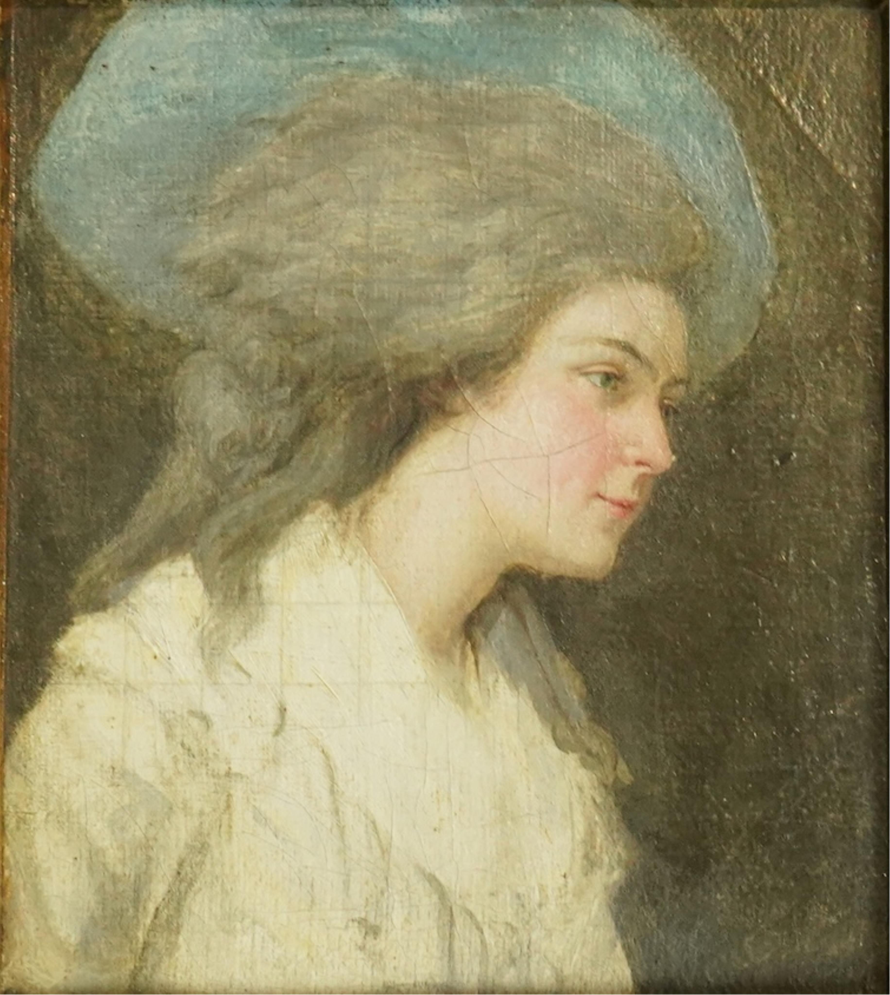 Manner of George Romney (British, 1734-1802), Study for a portrait of a lady wearing a blue hat, oil on canvas, 16 x 14cm